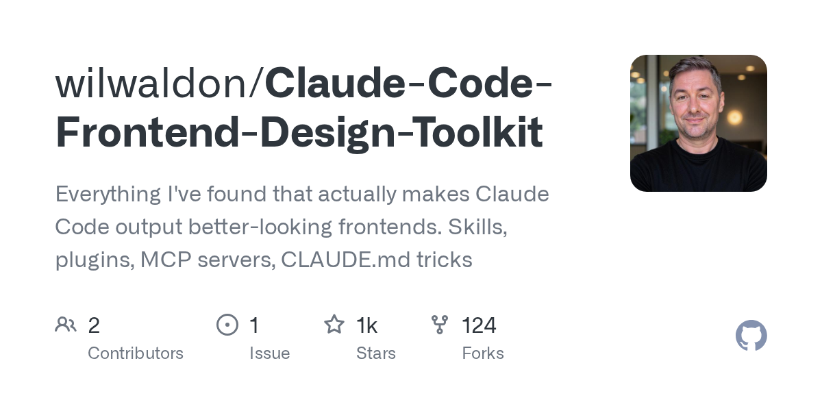 Claude Code Frontend Design Toolkit — Design skill for Claude Code